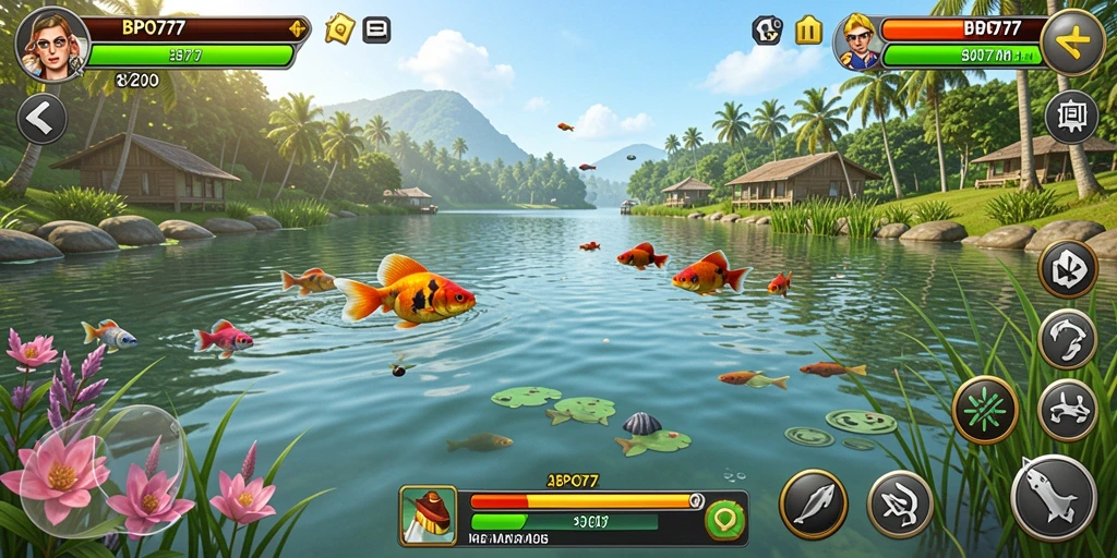 Screenshot gameplay BPO777 yang menampilkan pemancingan di lautan yang cerah.