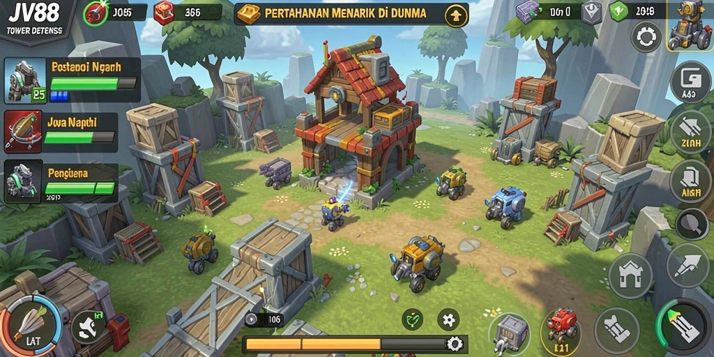 Screenshot utama JV88 menampilkan aksi intens dalam Tower Defense.