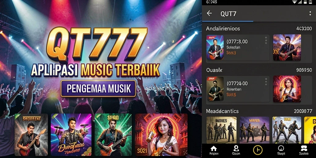 Tampilan gameplay QT777 menampilkan akses ke berbagai lagu dan playlist.