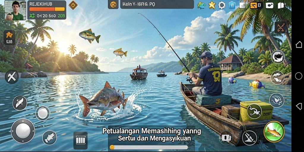 Tampilan gameplay REJEKIHUB yang menampilkan aktivitas memancing yang mendebarkan.