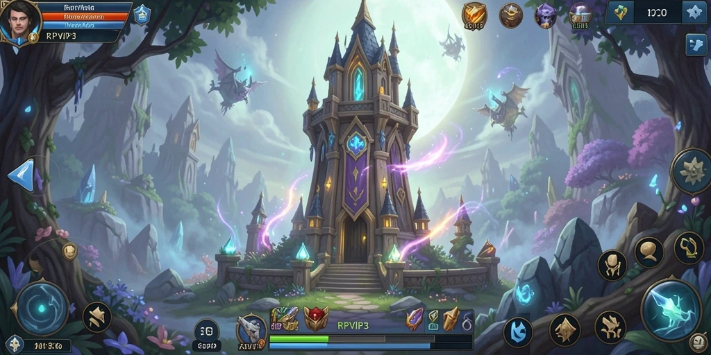 Gameplay RPVIP3 menampilkan menara pertahanan yang strategis di medan perang.