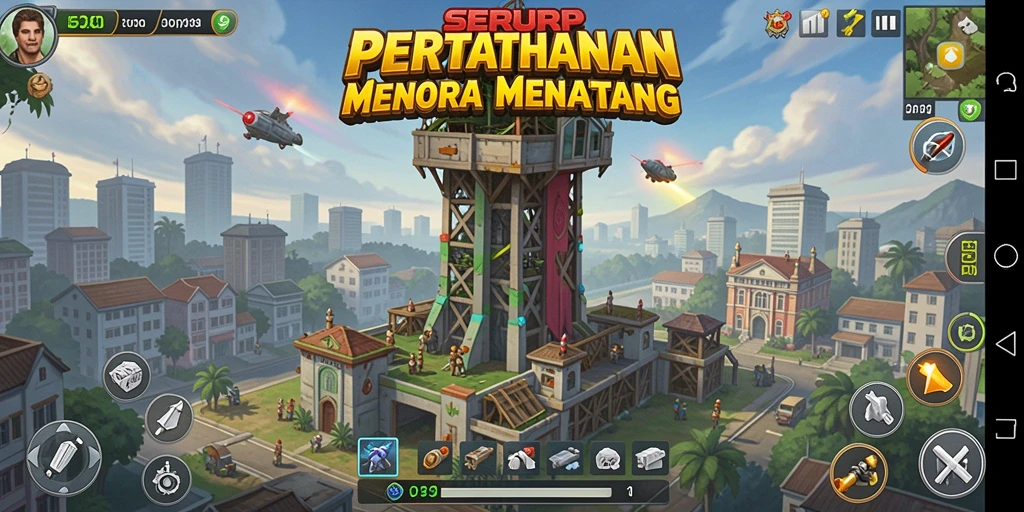 Screenshot SERURP menampilkan aksi menara yang spektakuler dalam pertahanan.