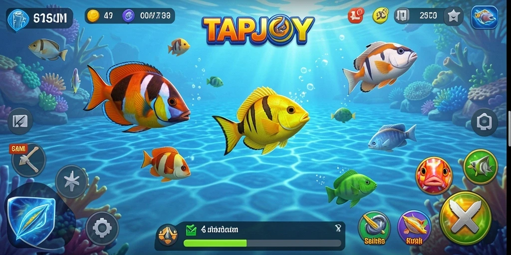 Screenshot TAPJOY menunjukkan aksi menembak ikan yang seru dan berwarna-warni.